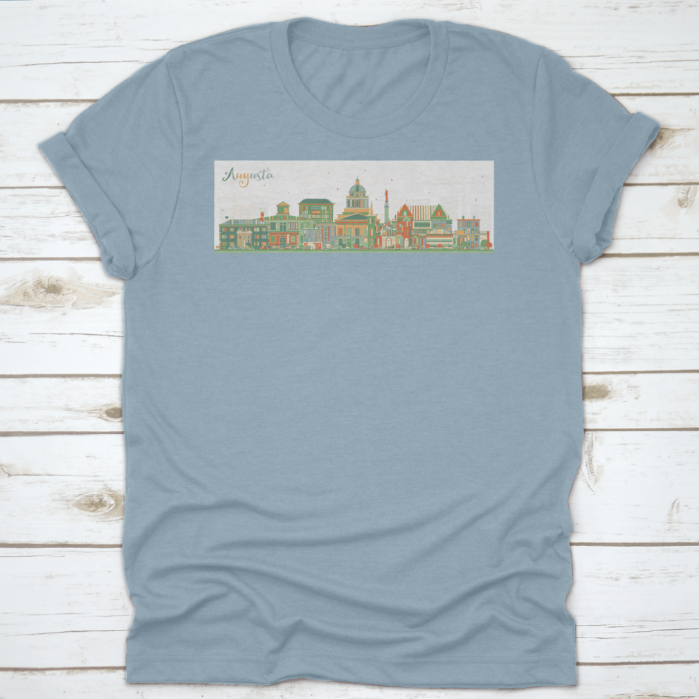 Colorful vector illustration of Augusta Maine city skyline featuring various buildings and a vibrant design.