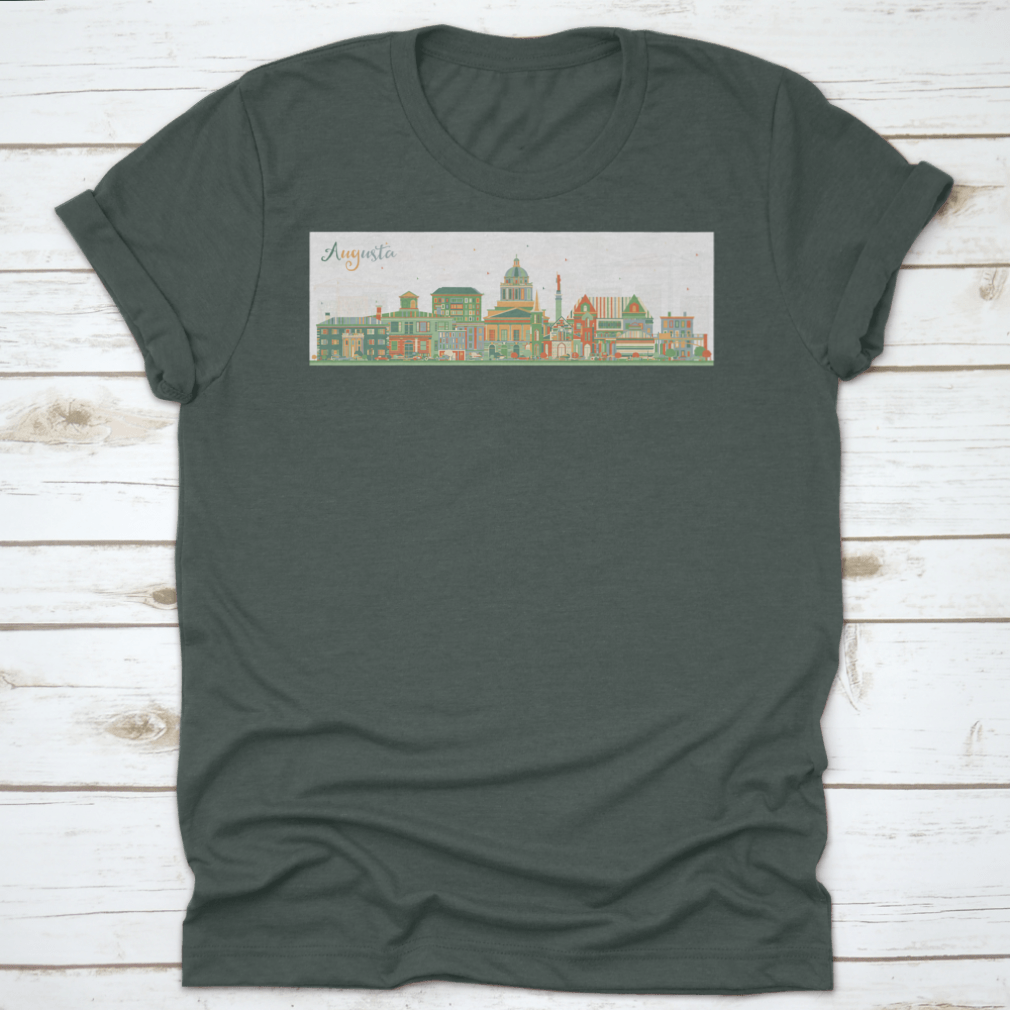 Colorful vector illustration of Augusta Maine city skyline featuring various buildings and a vibrant design.