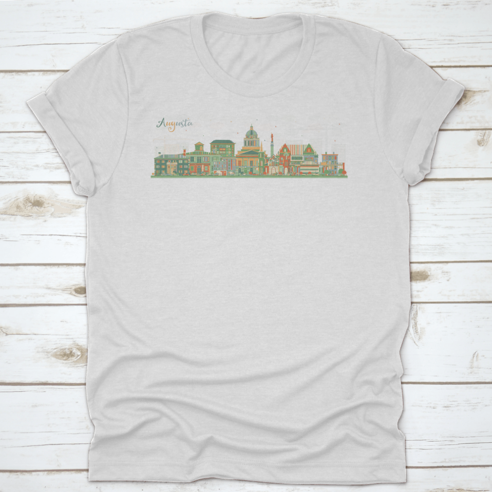 Colorful vector illustration of Augusta Maine city skyline featuring various buildings and a vibrant design.