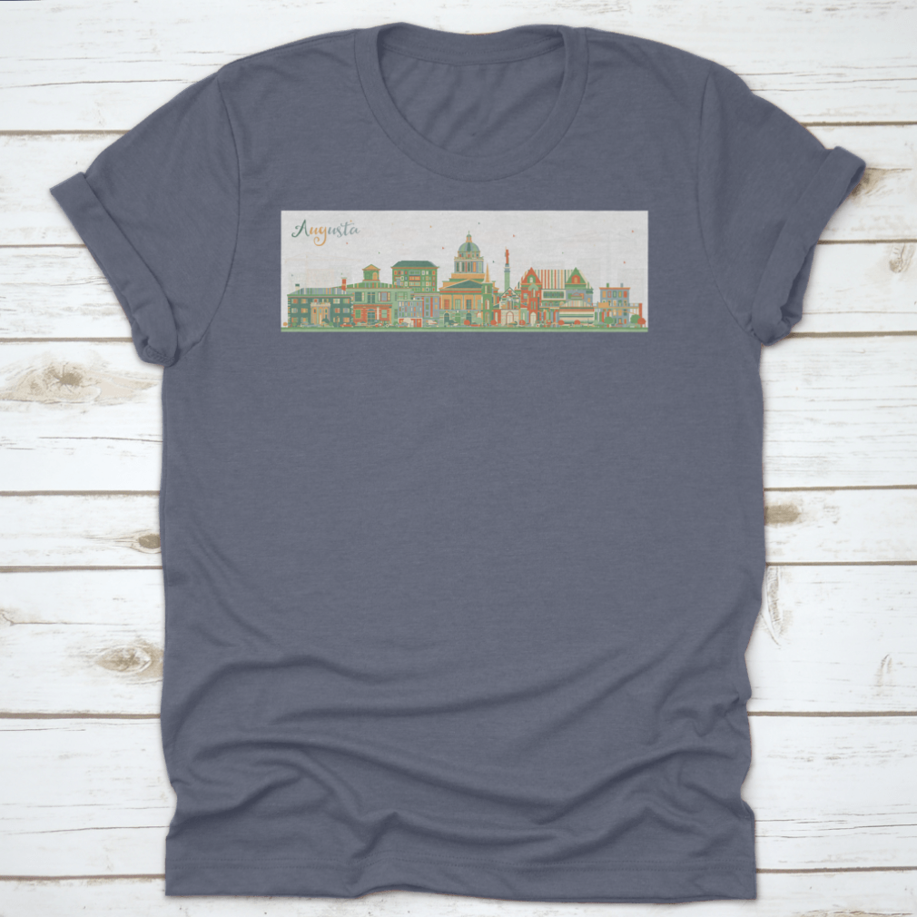 Colorful vector illustration of Augusta Maine city skyline featuring various buildings and a vibrant design.