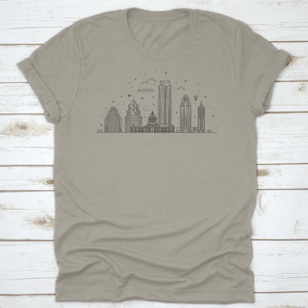 Austin skyline illustration featuring linear vector design, showcasing iconic buildings and landmarks in a minimalist style.