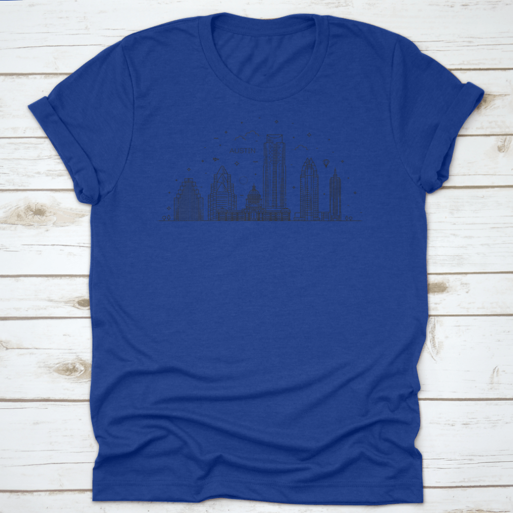 Austin skyline illustration featuring linear vector design, showcasing iconic buildings and landmarks in a minimalist style.