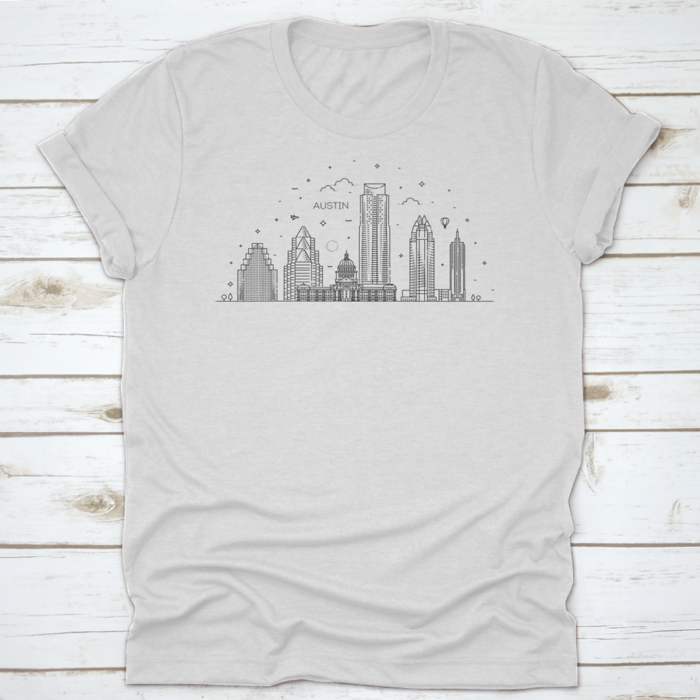 Austin skyline illustration featuring linear vector design, showcasing iconic buildings and landmarks in a minimalist style.