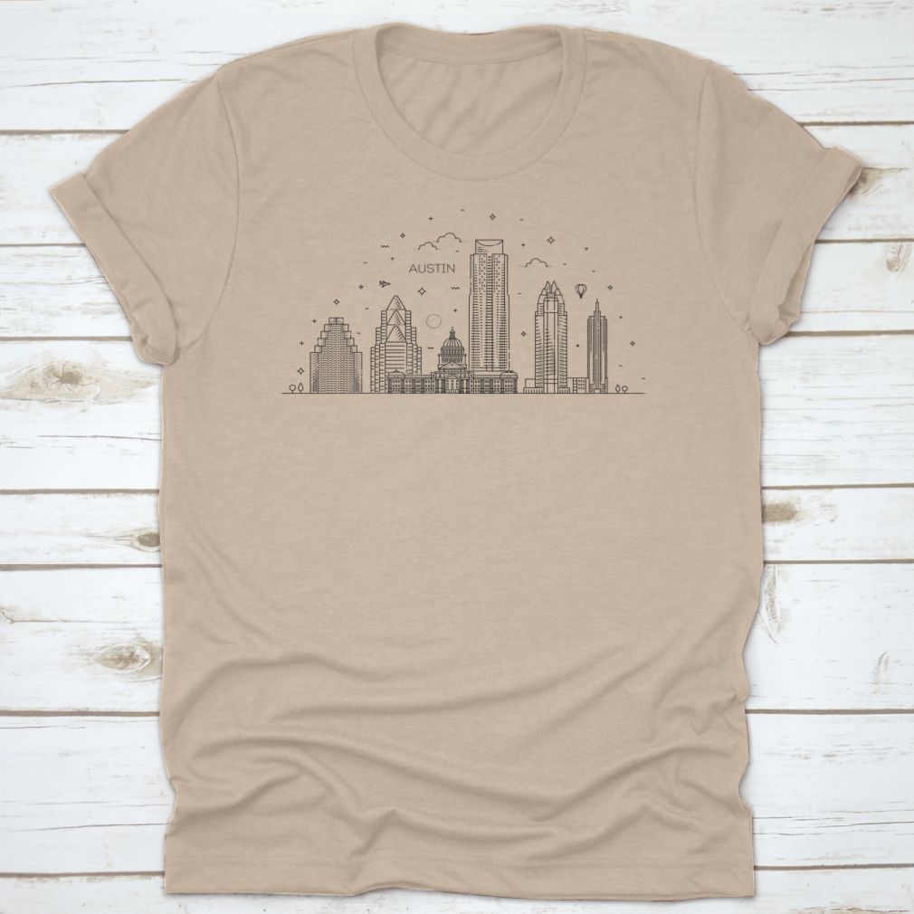 Austin skyline illustration featuring linear vector design, showcasing iconic buildings and landmarks in a minimalist style.