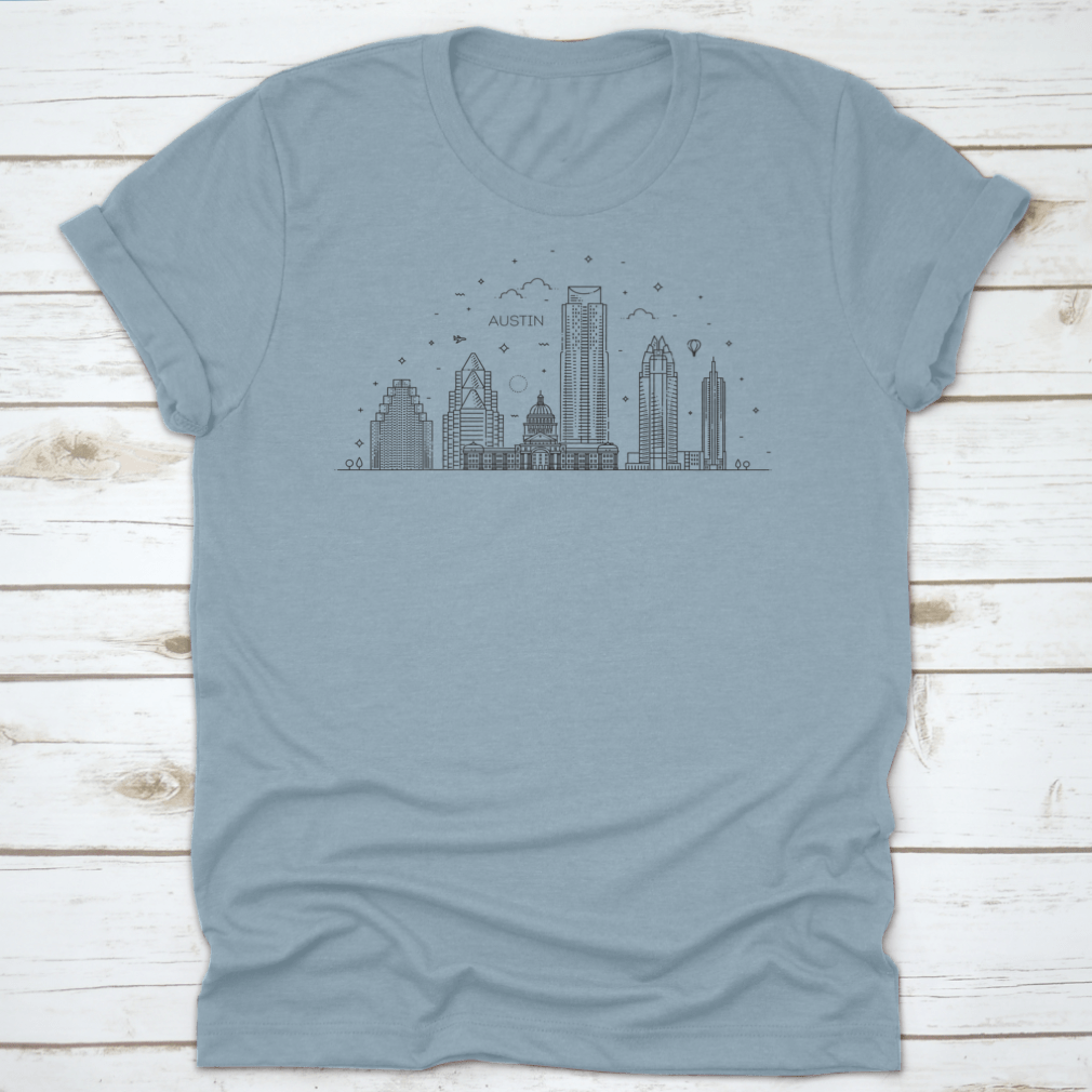 Austin skyline illustration featuring linear vector design, showcasing iconic buildings and landmarks in a minimalist style.