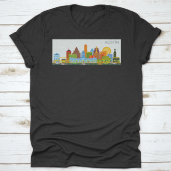 Vector illustration of the Austin Texas skyline featuring colorful buildings against a clear blue sky.