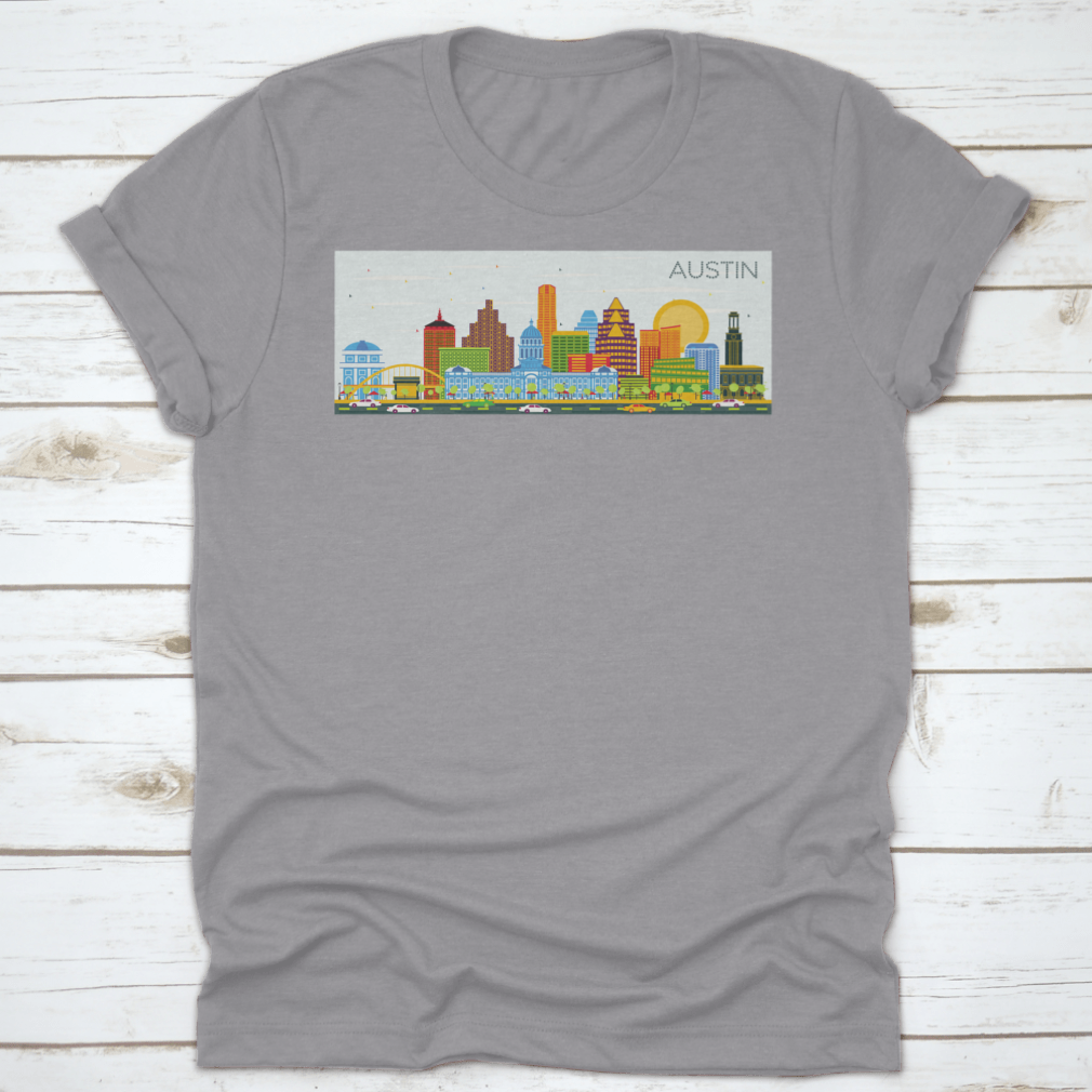 Vector illustration of the Austin Texas skyline featuring colorful buildings against a clear blue sky.