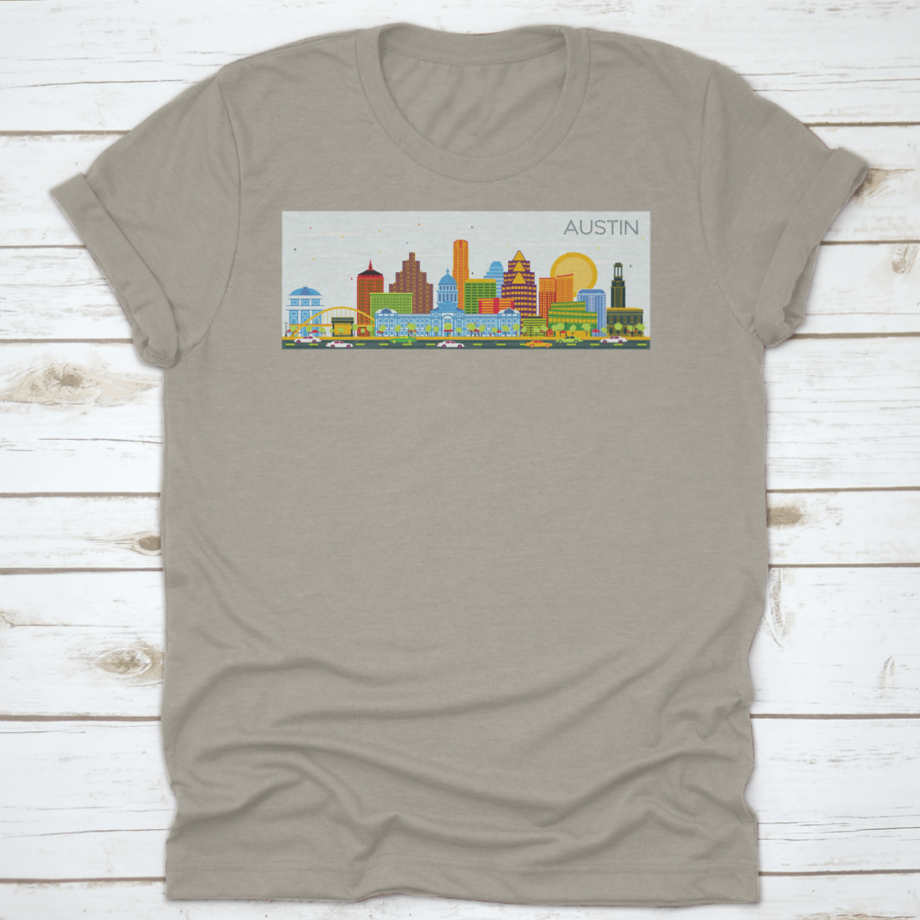 Vector illustration of the Austin Texas skyline featuring colorful buildings against a clear blue sky.