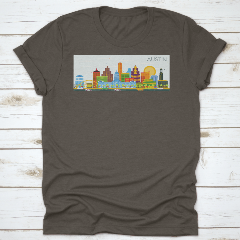 Vector illustration of the Austin Texas skyline featuring colorful buildings against a clear blue sky.