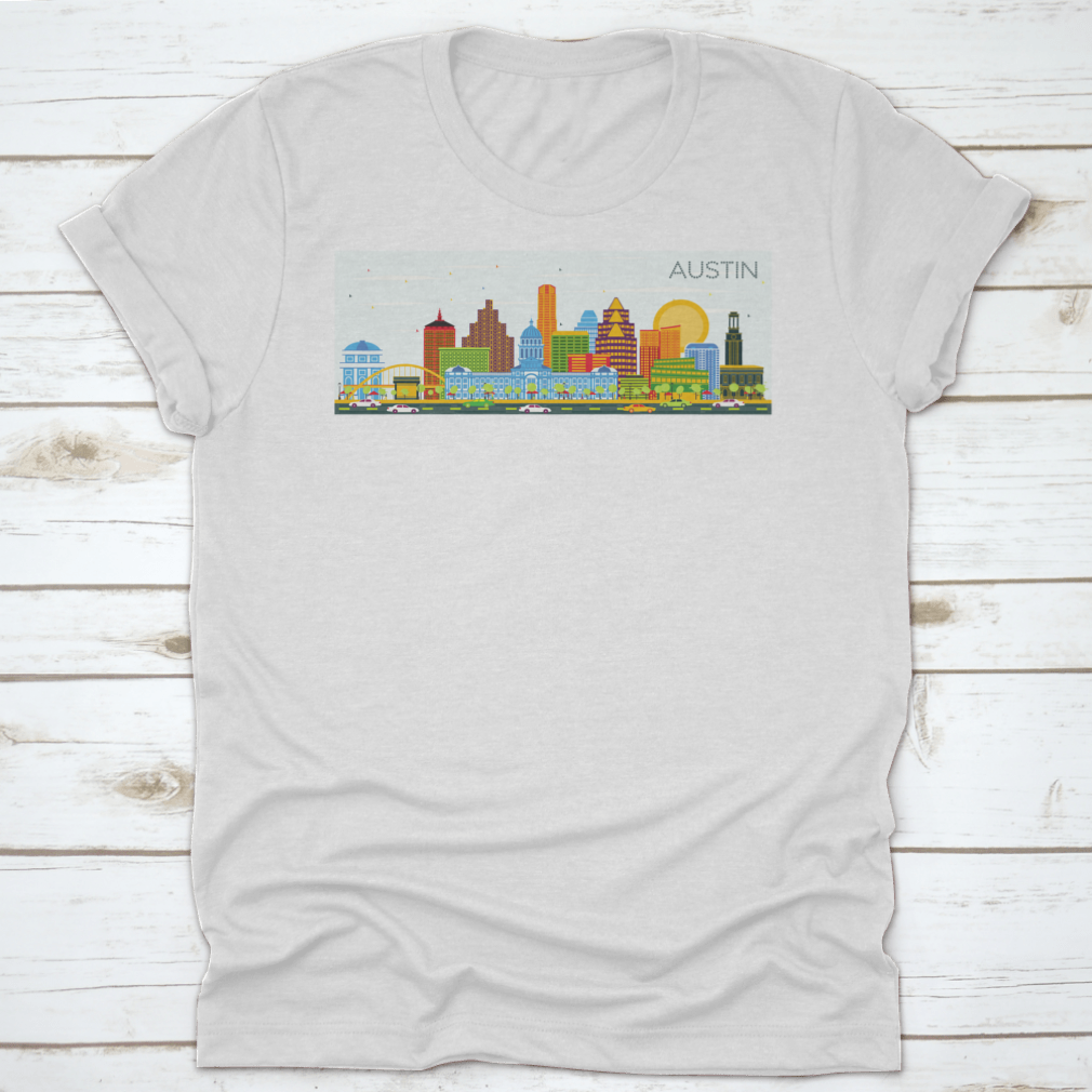 Vector illustration of the Austin Texas skyline featuring colorful buildings against a clear blue sky.