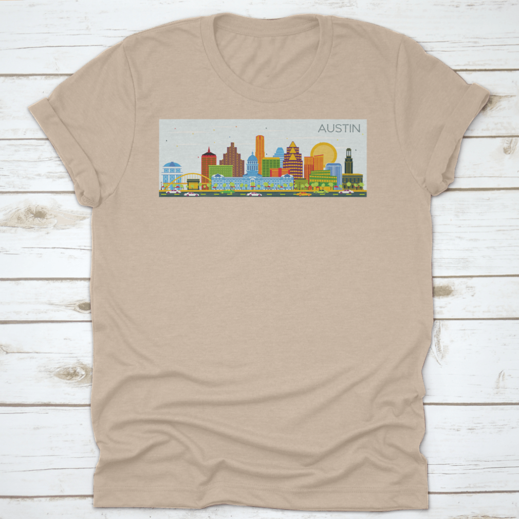 Vector illustration of the Austin Texas skyline featuring colorful buildings against a clear blue sky.