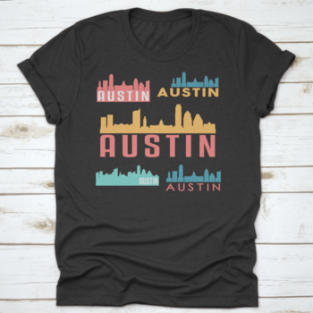 Austin Texas skyline silhouette design on a stylish cotton garment, showcasing iconic city landmarks.