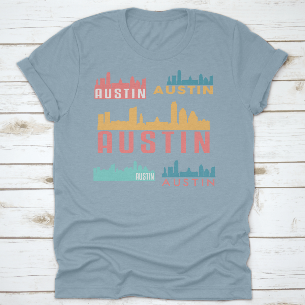 Austin Texas skyline silhouette design on a stylish cotton garment, showcasing iconic city landmarks.