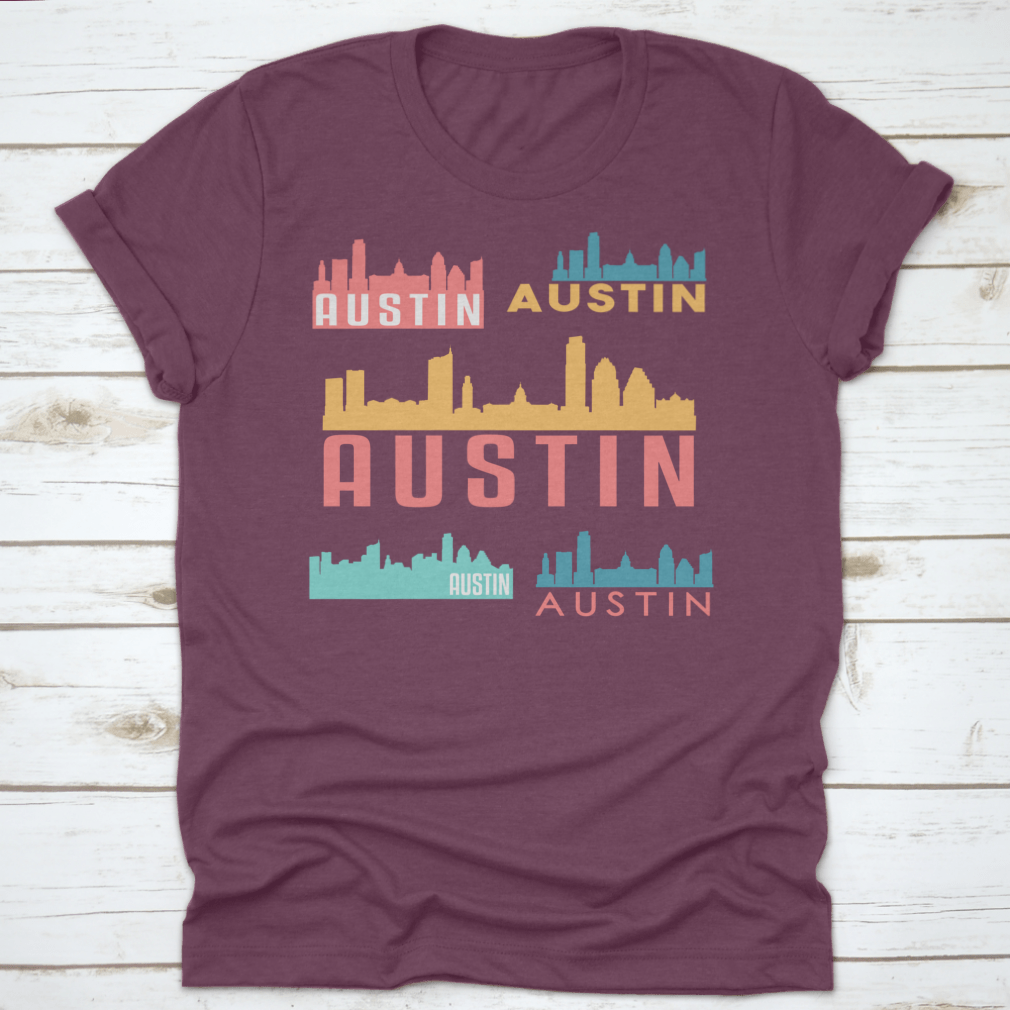 Austin Texas skyline silhouette design on a stylish cotton garment, showcasing iconic city landmarks.