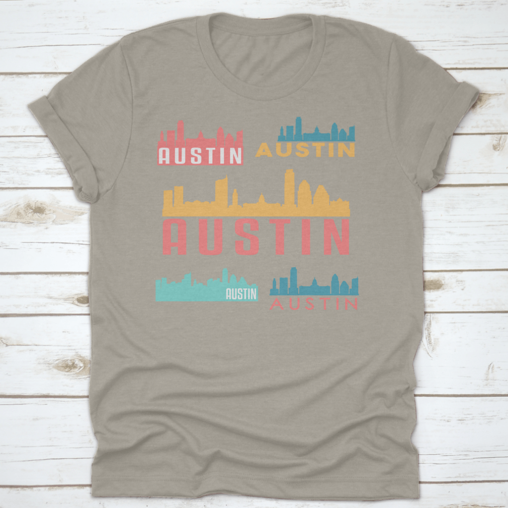 Austin Texas skyline silhouette design on a stylish cotton garment, showcasing iconic city landmarks.