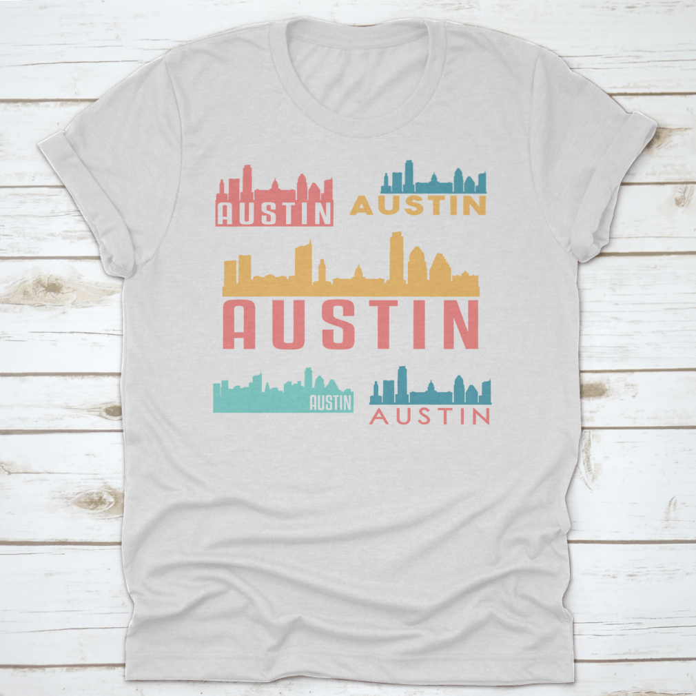 Austin Texas skyline silhouette design on a stylish cotton garment, showcasing iconic city landmarks.