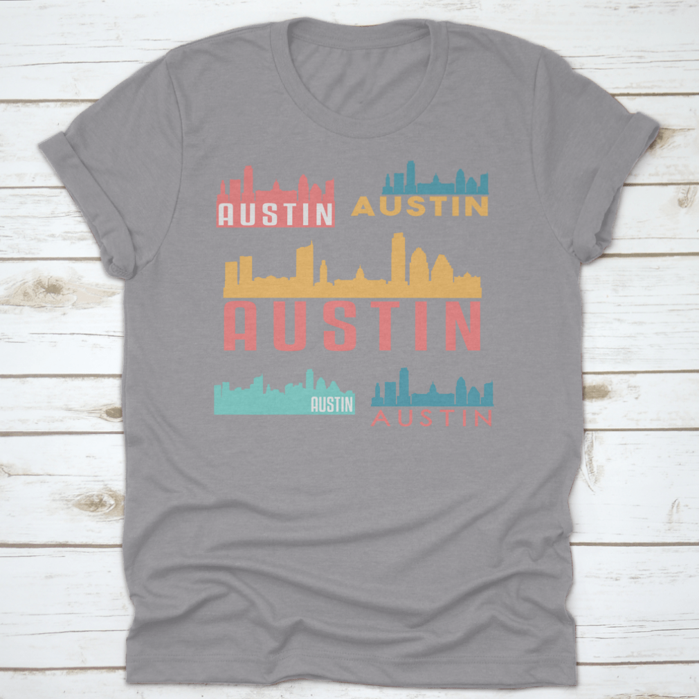 Austin Texas skyline silhouette design on a stylish cotton garment, showcasing iconic city landmarks.