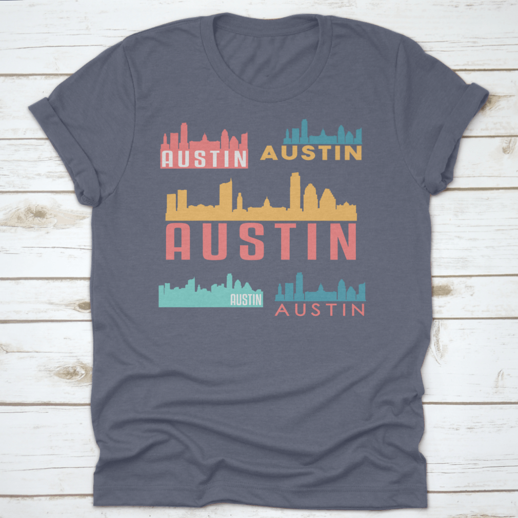 Austin Texas skyline silhouette design on a stylish cotton garment, showcasing iconic city landmarks.