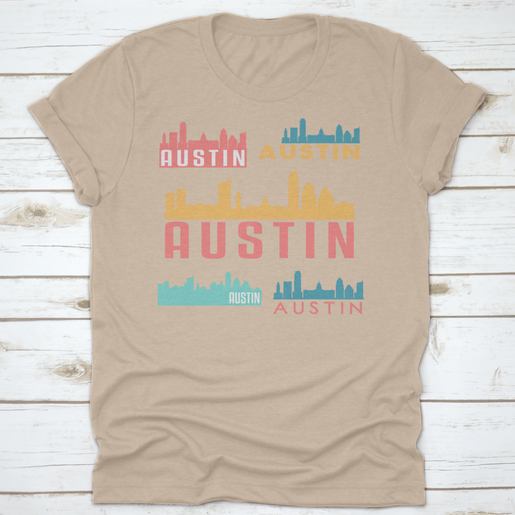 Austin Texas skyline silhouette design on a stylish cotton garment, showcasing iconic city landmarks.