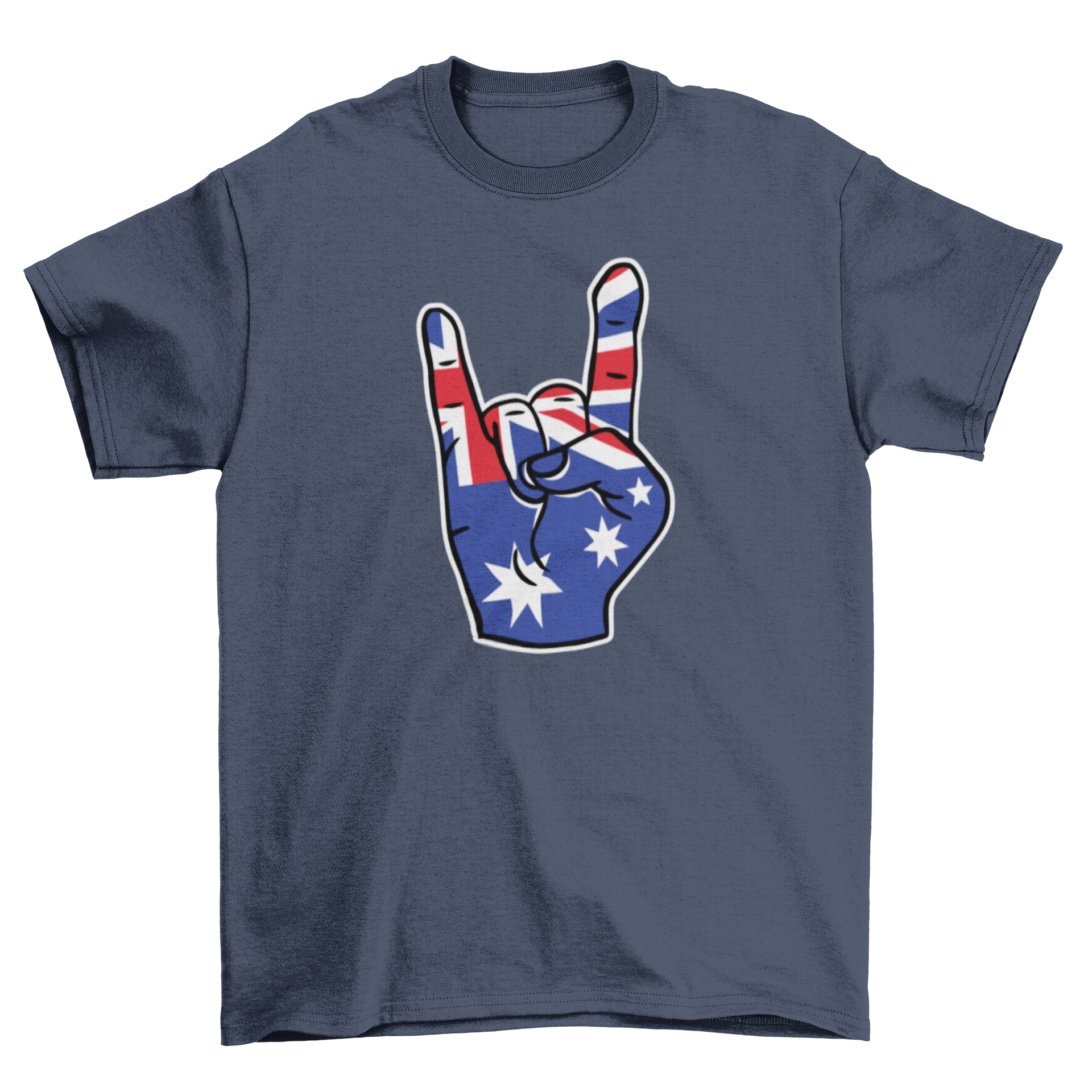 Australia rock on t-shirt design featuring a rock hand sign with the Australian flag embedded.