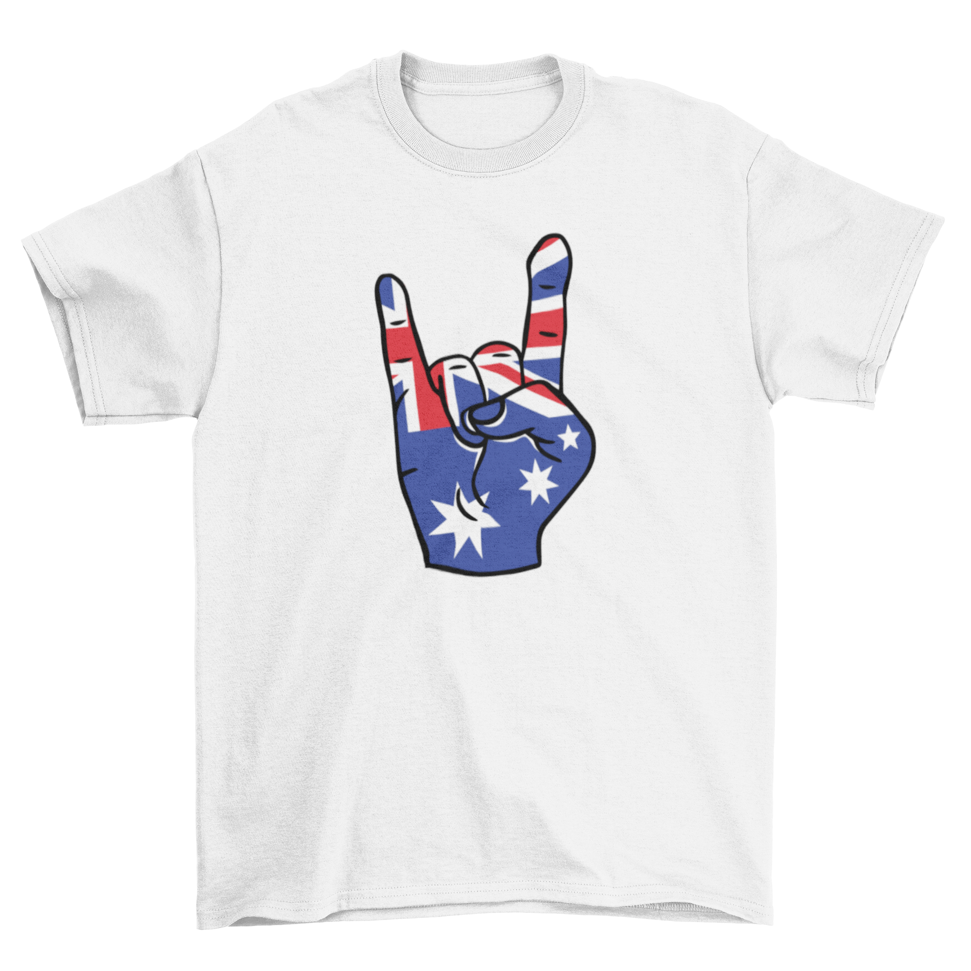 Australia rock on t-shirt design featuring a rock hand sign with the Australian flag embedded.