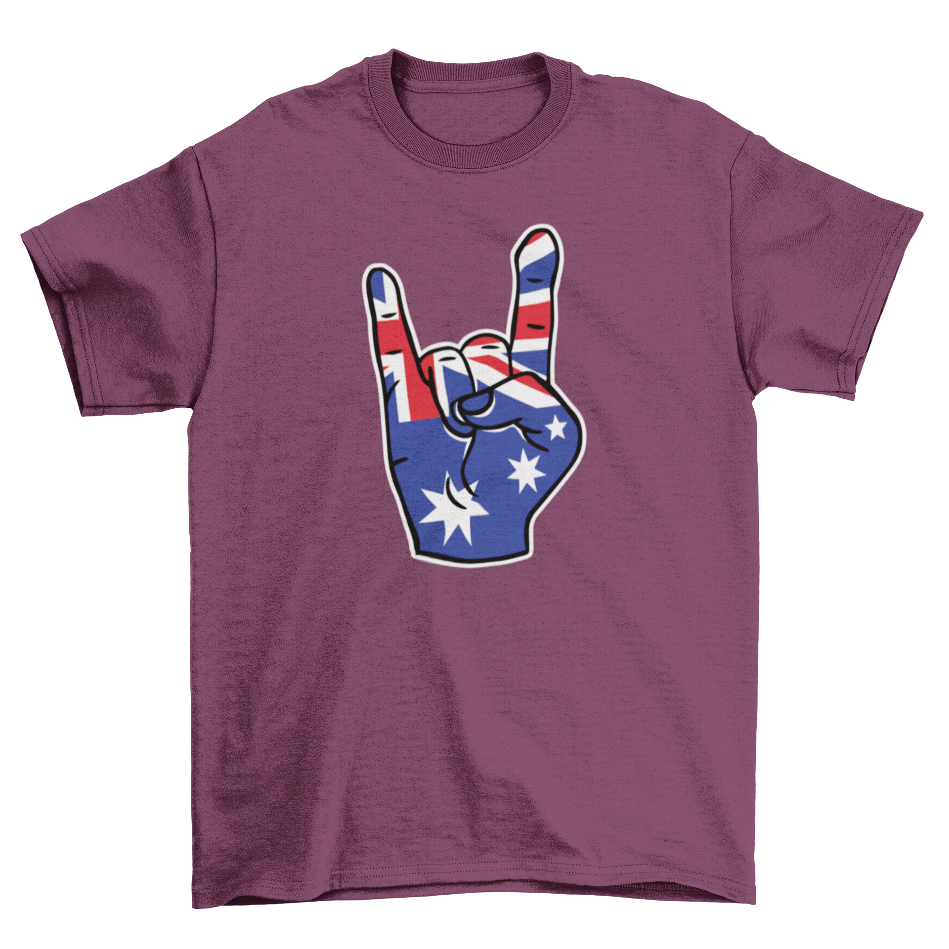 Australia rock on t-shirt design featuring a rock hand sign with the Australian flag embedded.