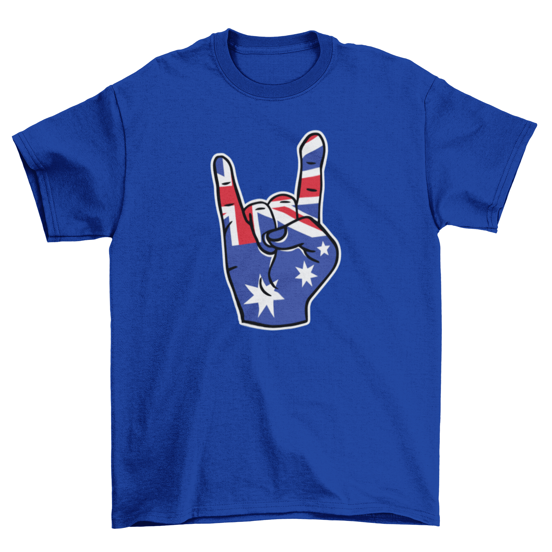 Australia rock on t-shirt design featuring a rock hand sign with the Australian flag embedded.