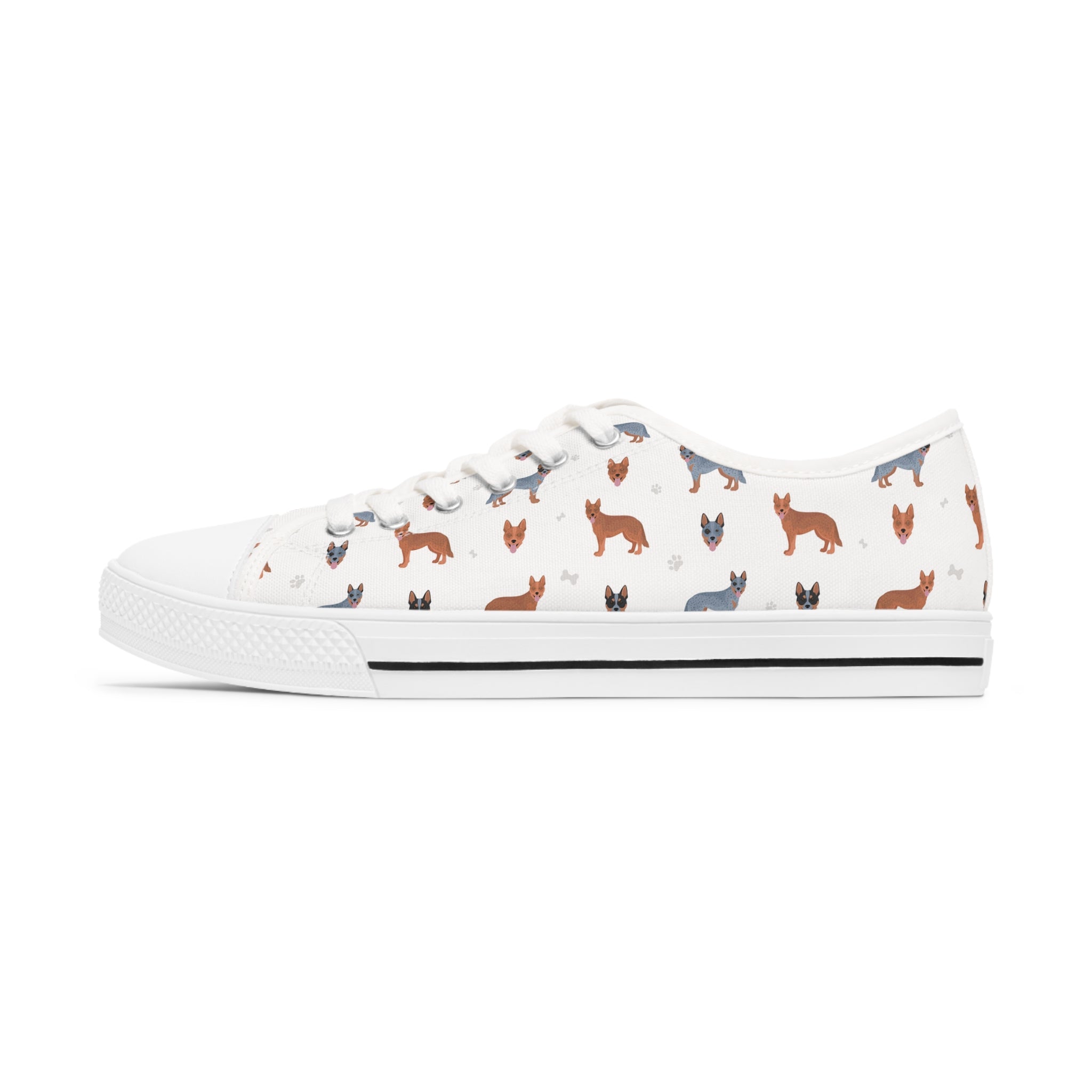 A pair of Australian Cattle Dog women's low top sneakers featuring breathable canvas, memory foam insoles, and customizable design options.