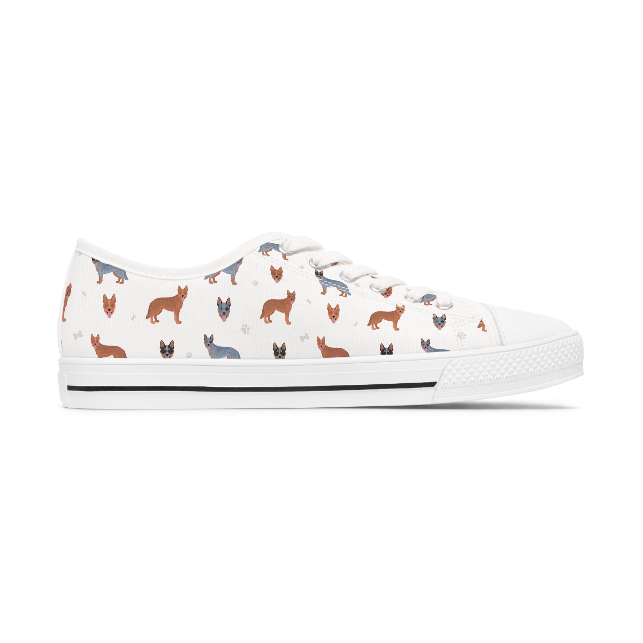 A pair of Australian Cattle Dog women's low top sneakers featuring breathable canvas, memory foam insoles, and customizable design options.