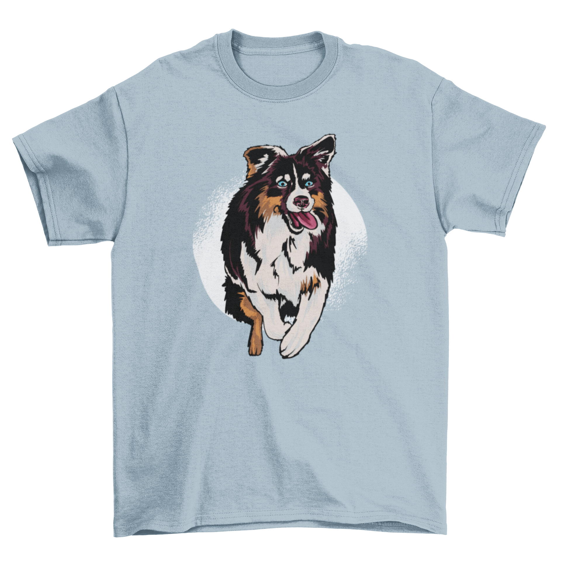 A vibrant t-shirt featuring an Australian shepherd dog jumping joyfully, showcasing its playful nature.