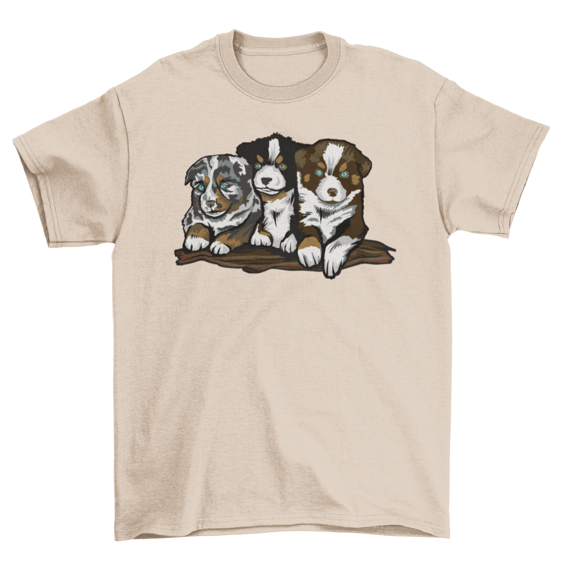 A soft t-shirt featuring three playful Australian Shepherd puppies in a vibrant design.