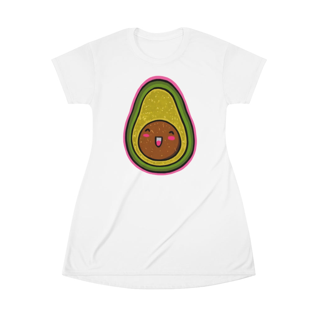 A vibrant avocado print T-shirt dress, showcasing a playful design with a comfortable fit, perfect for casual outings.