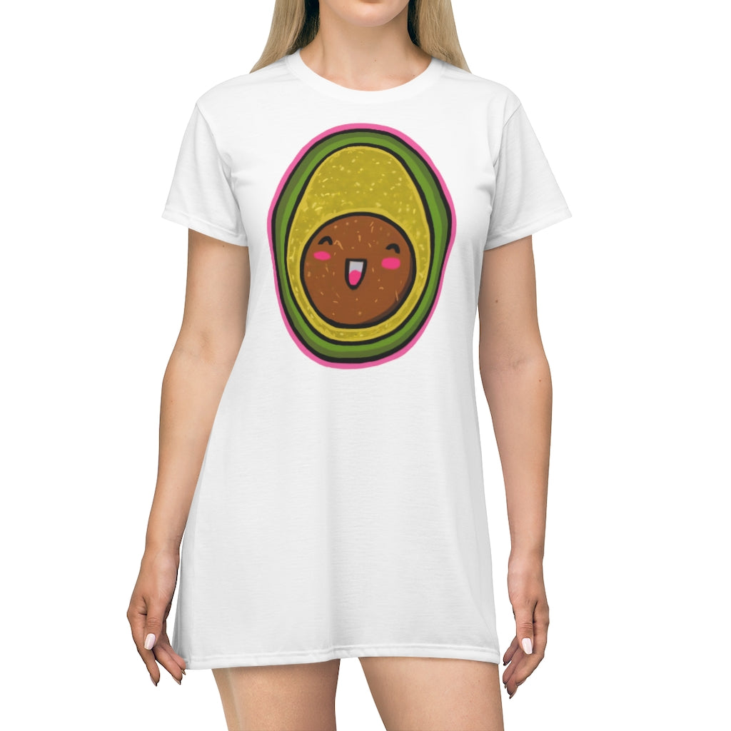 A vibrant avocado print T-shirt dress, showcasing a playful design with a comfortable fit, perfect for casual outings.