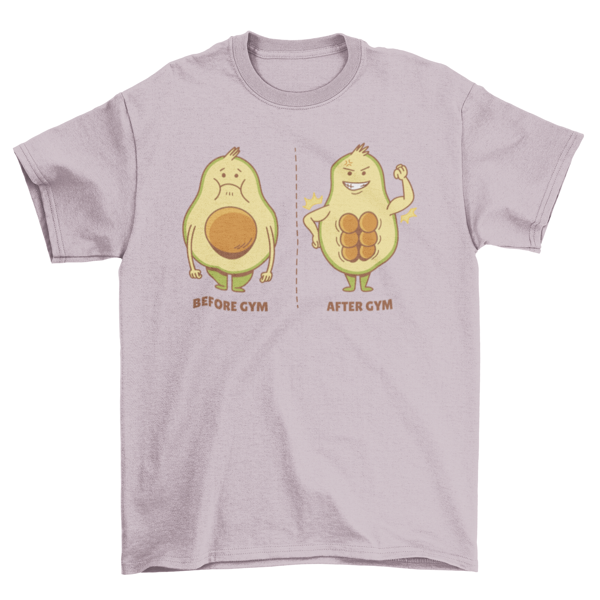 A humorous cartoon t-shirt featuring an avocado before and after gym transformation, showcasing fitness and fun.