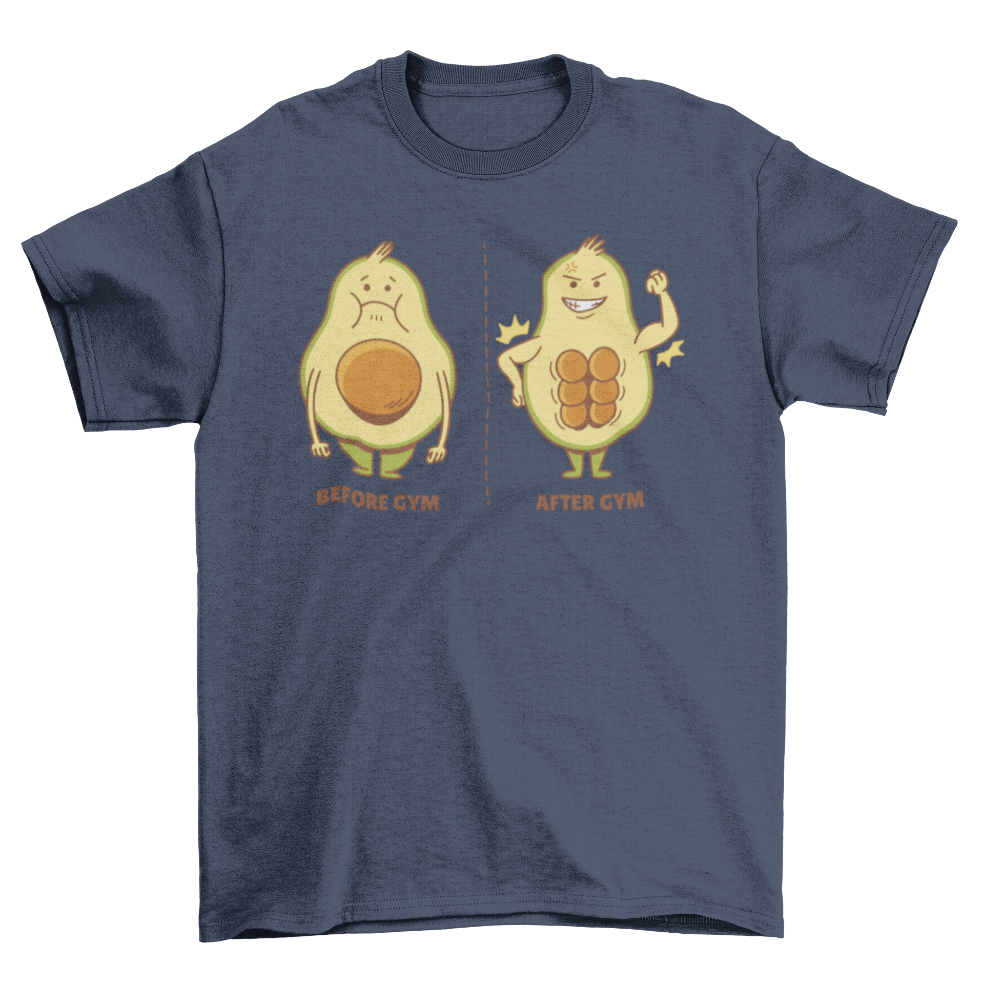 A humorous cartoon t-shirt featuring an avocado before and after gym transformation, showcasing fitness and fun.