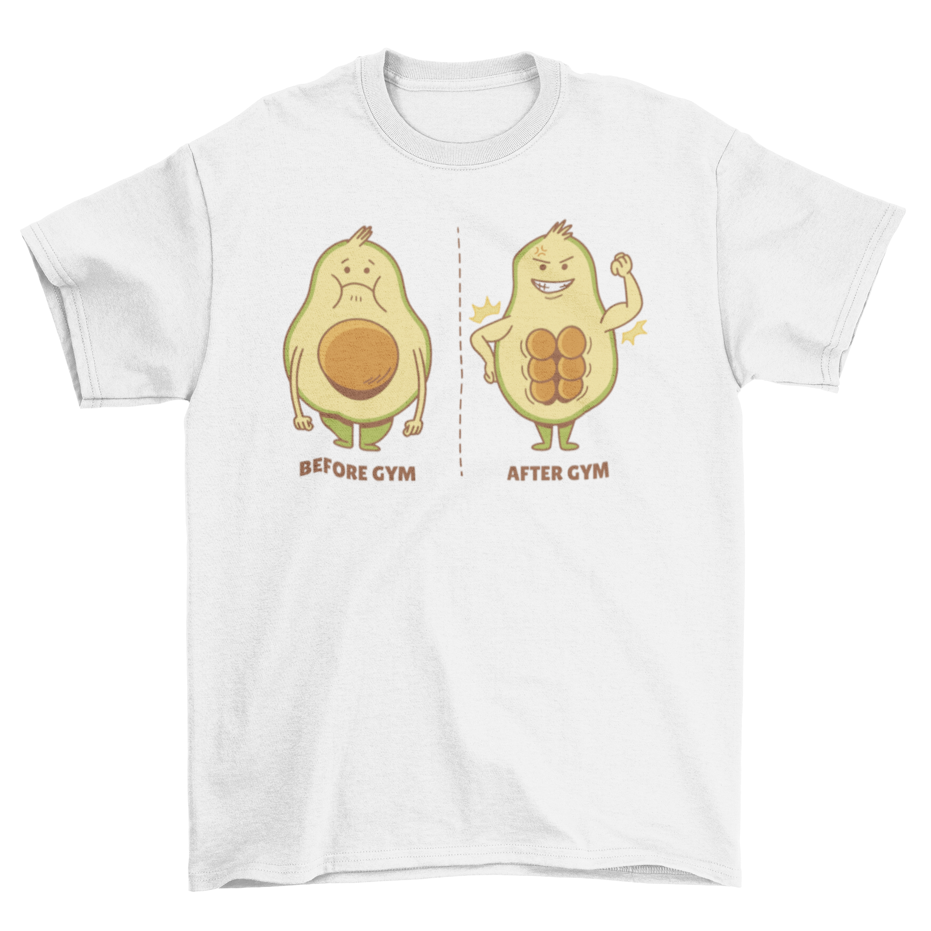 A humorous cartoon t-shirt featuring an avocado before and after gym transformation, showcasing fitness and fun.