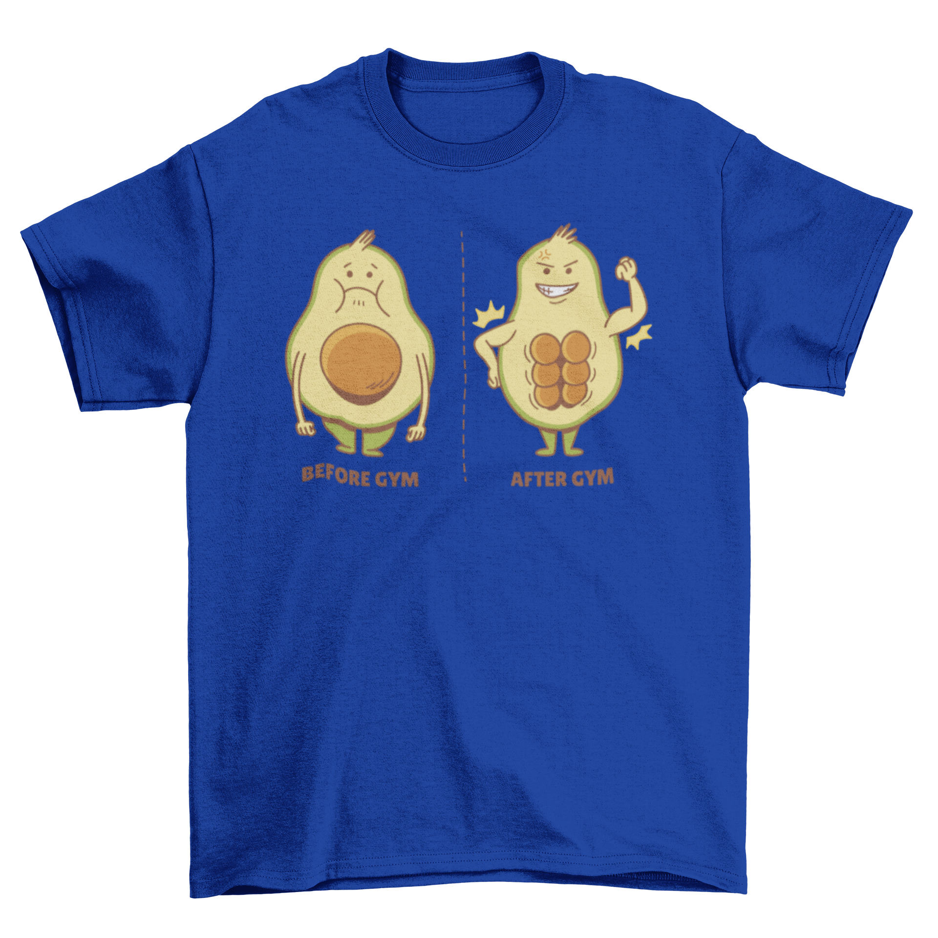 A humorous cartoon t-shirt featuring an avocado before and after gym transformation, showcasing fitness and fun.