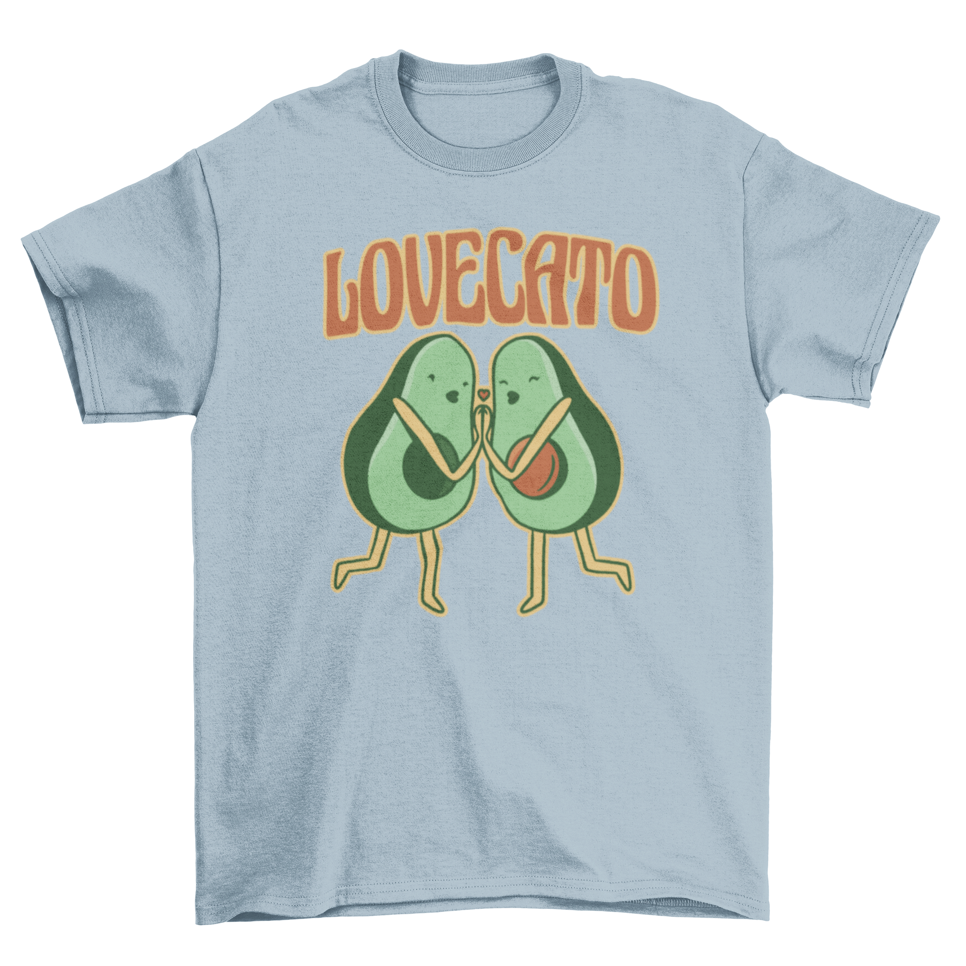 A playful t-shirt featuring a cute avocado couple kissing with the quote 'Lovecato' underneath.