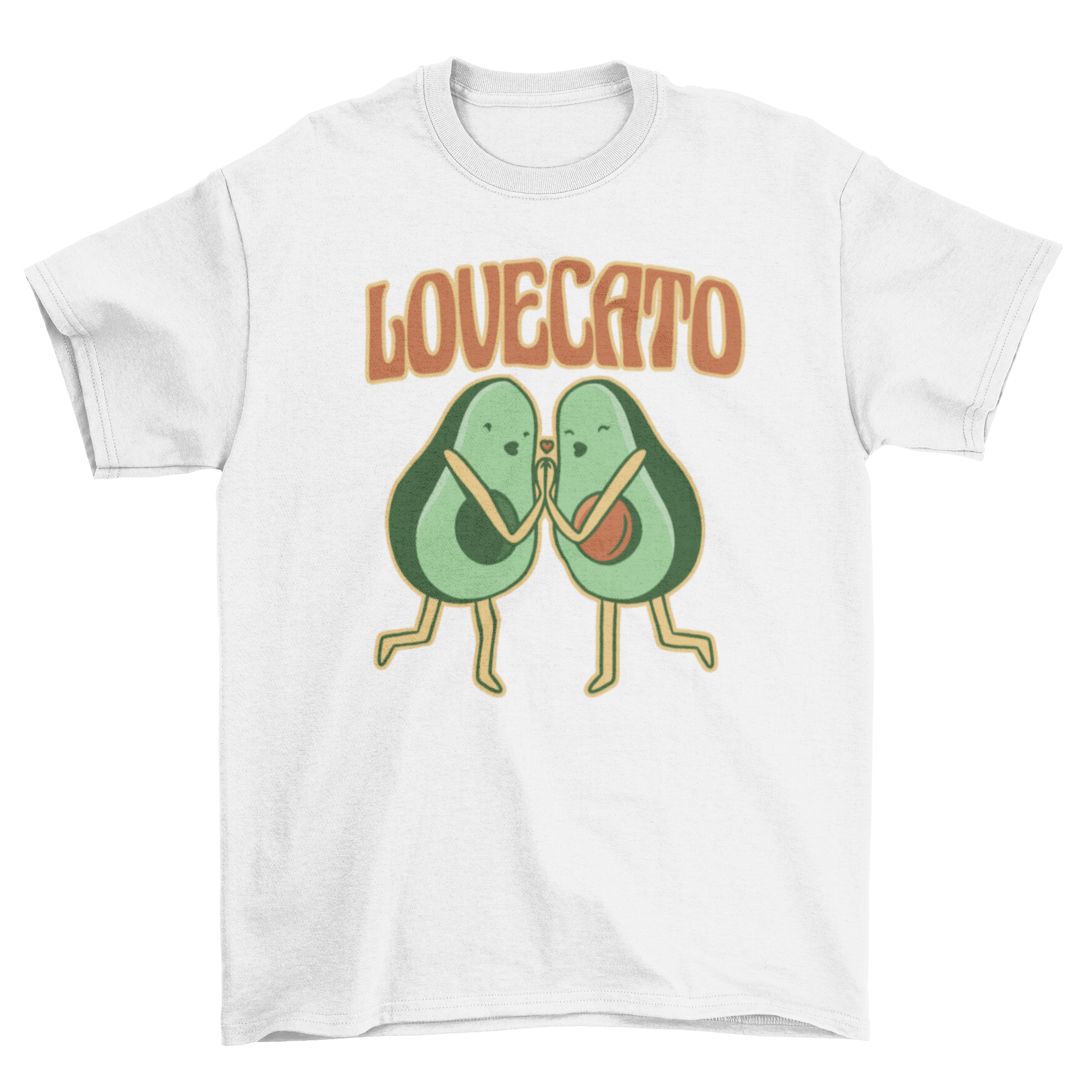 A playful t-shirt featuring a cute avocado couple kissing with the quote 'Lovecato' underneath.