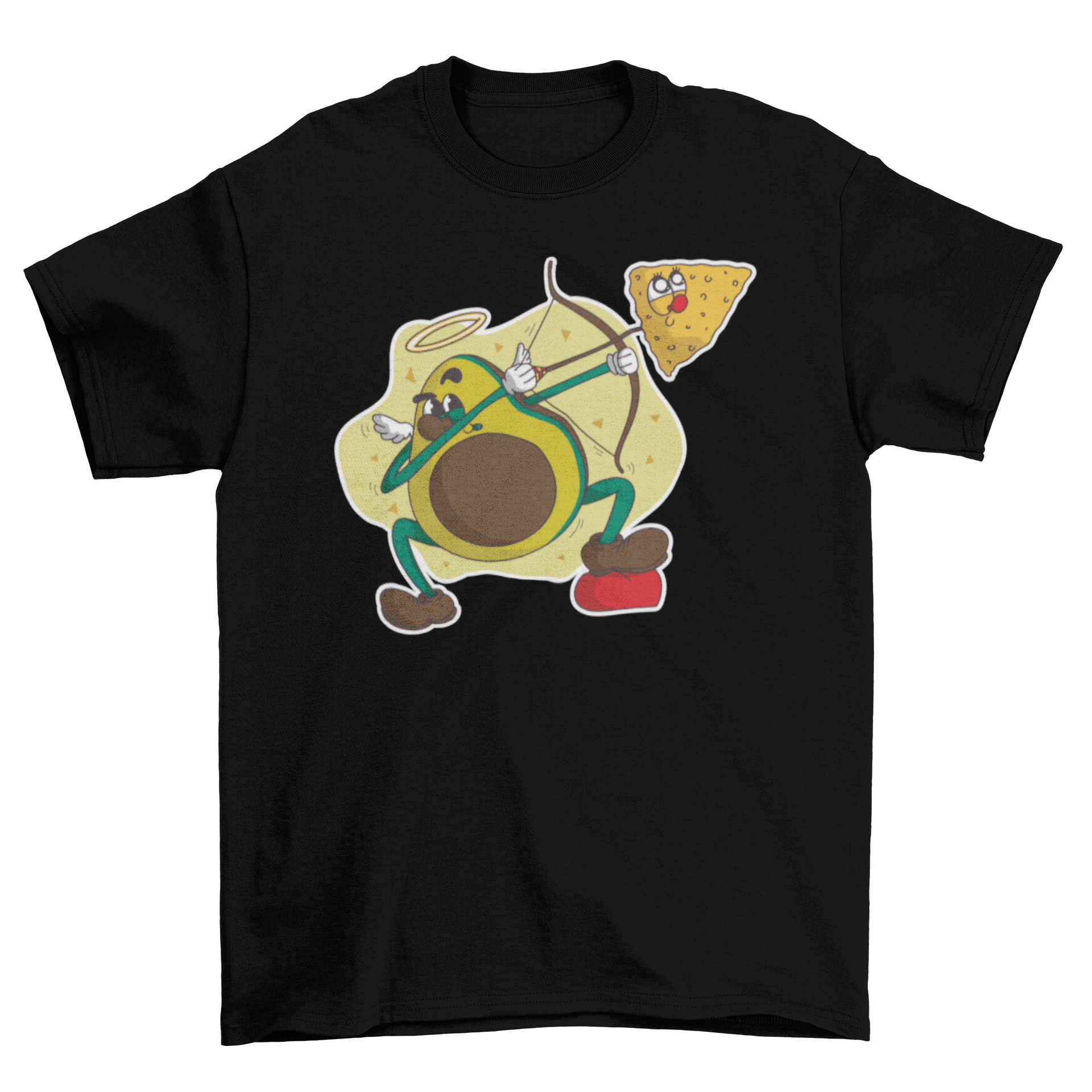 A cartoon avocado dressed as Cupid shooting a nacho arrow on a t-shirt.