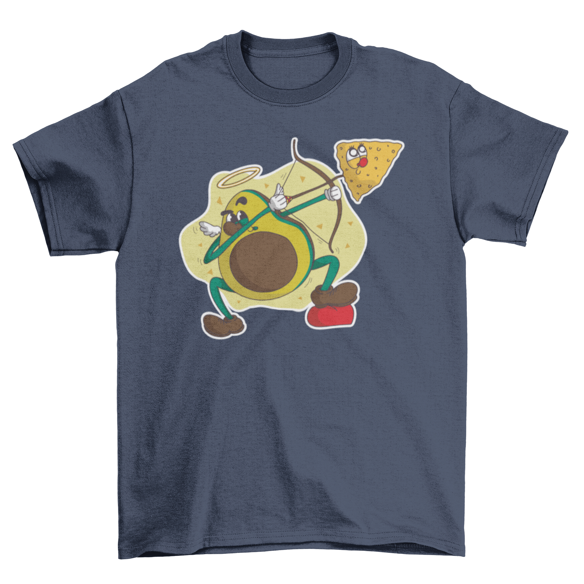 A cartoon avocado dressed as Cupid shooting a nacho arrow on a t-shirt.