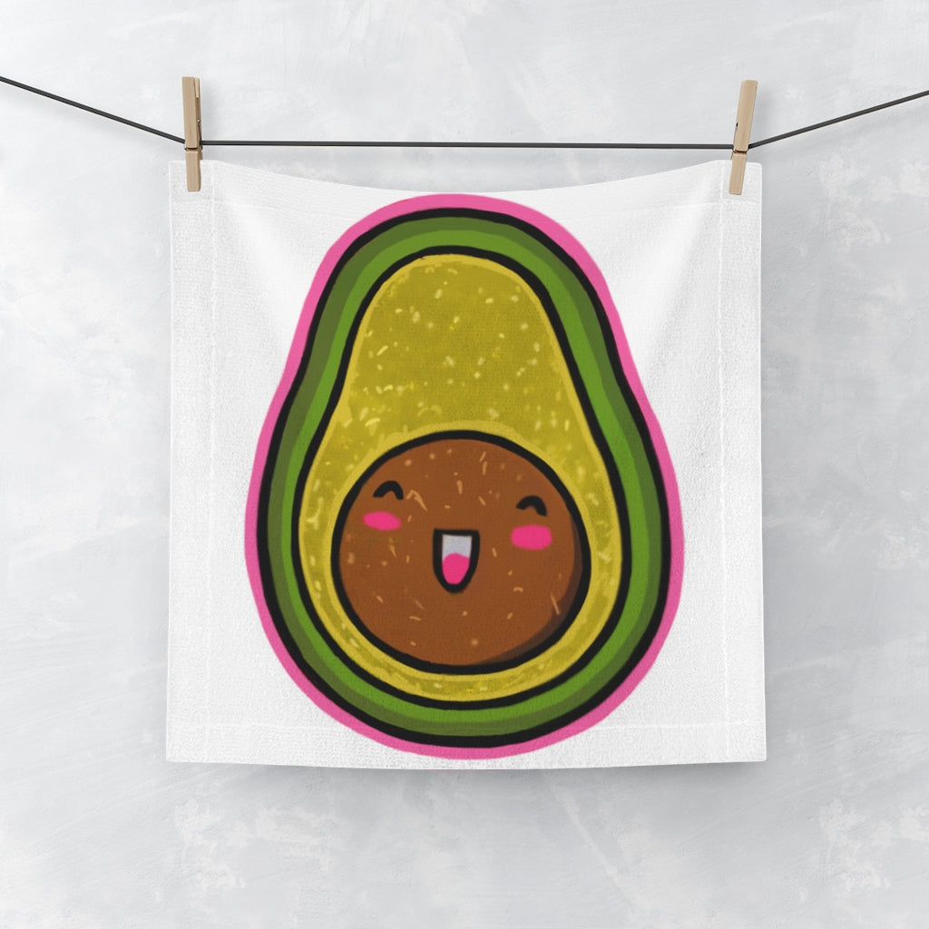 A customizable avocado-themed face towel featuring a soft polyester front and absorbent cotton back, perfect for skincare routines.