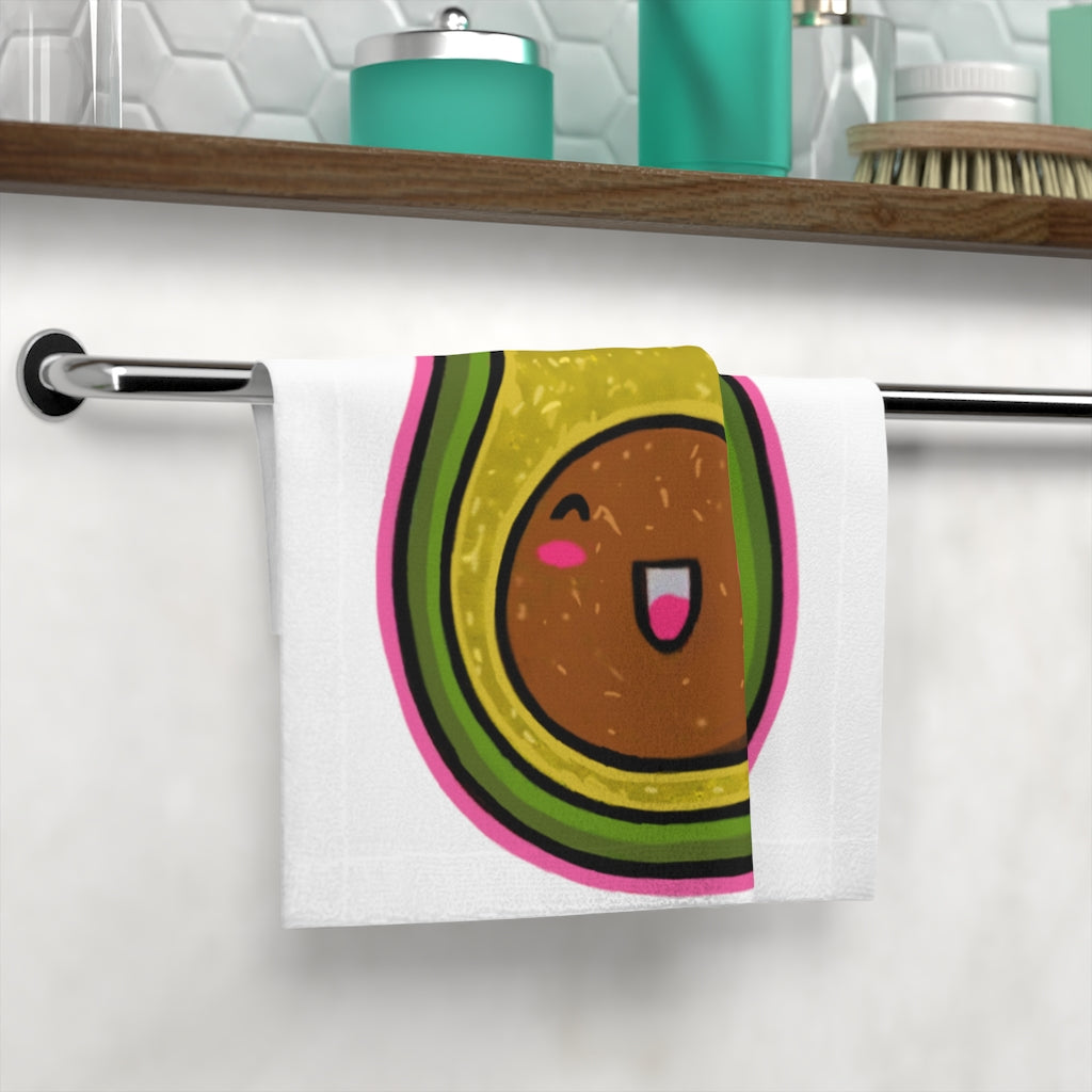 A customizable avocado-themed face towel featuring a soft polyester front and absorbent cotton back, perfect for skincare routines.