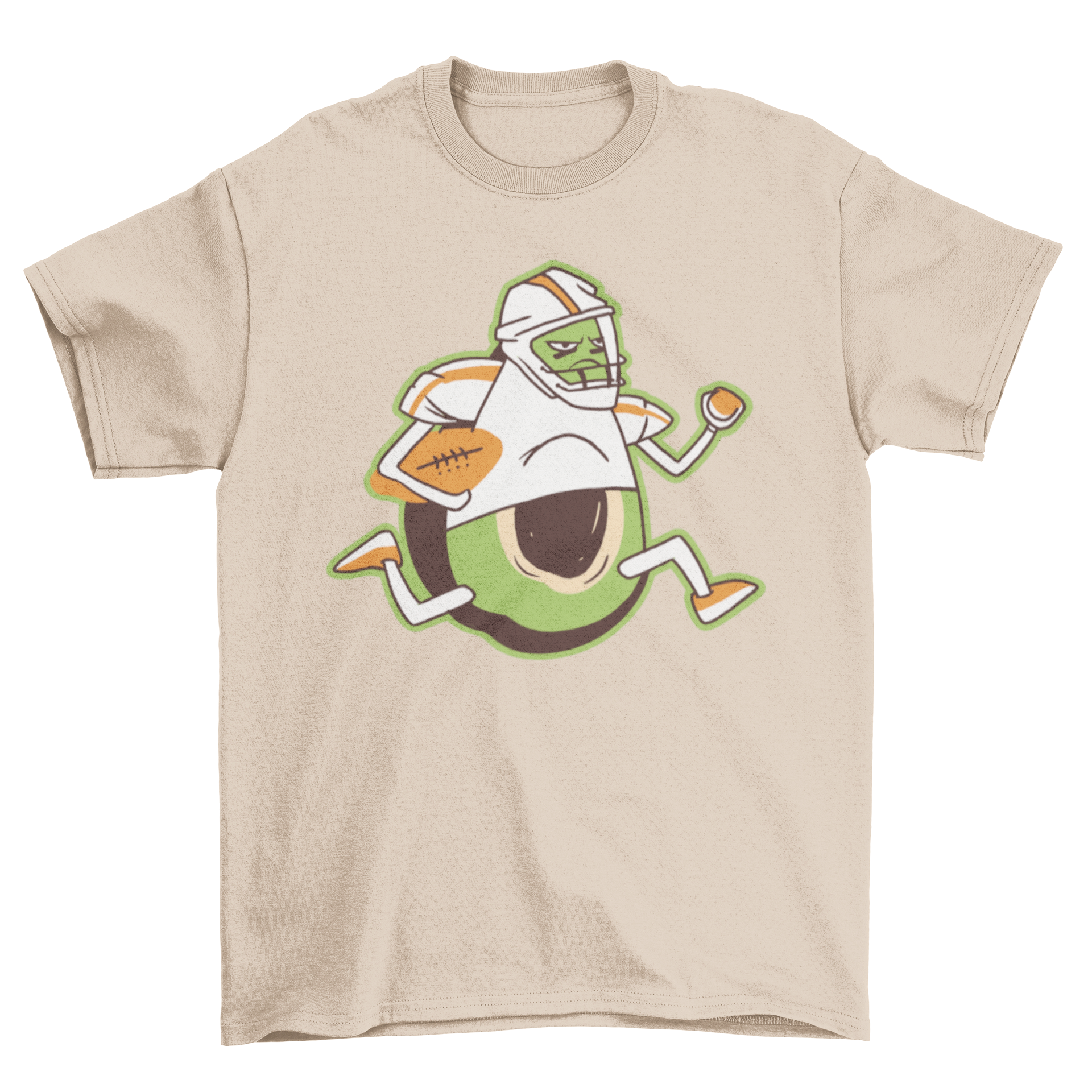 A playful t-shirt featuring an avocado dressed as a football player, showcasing a fun and unique design.