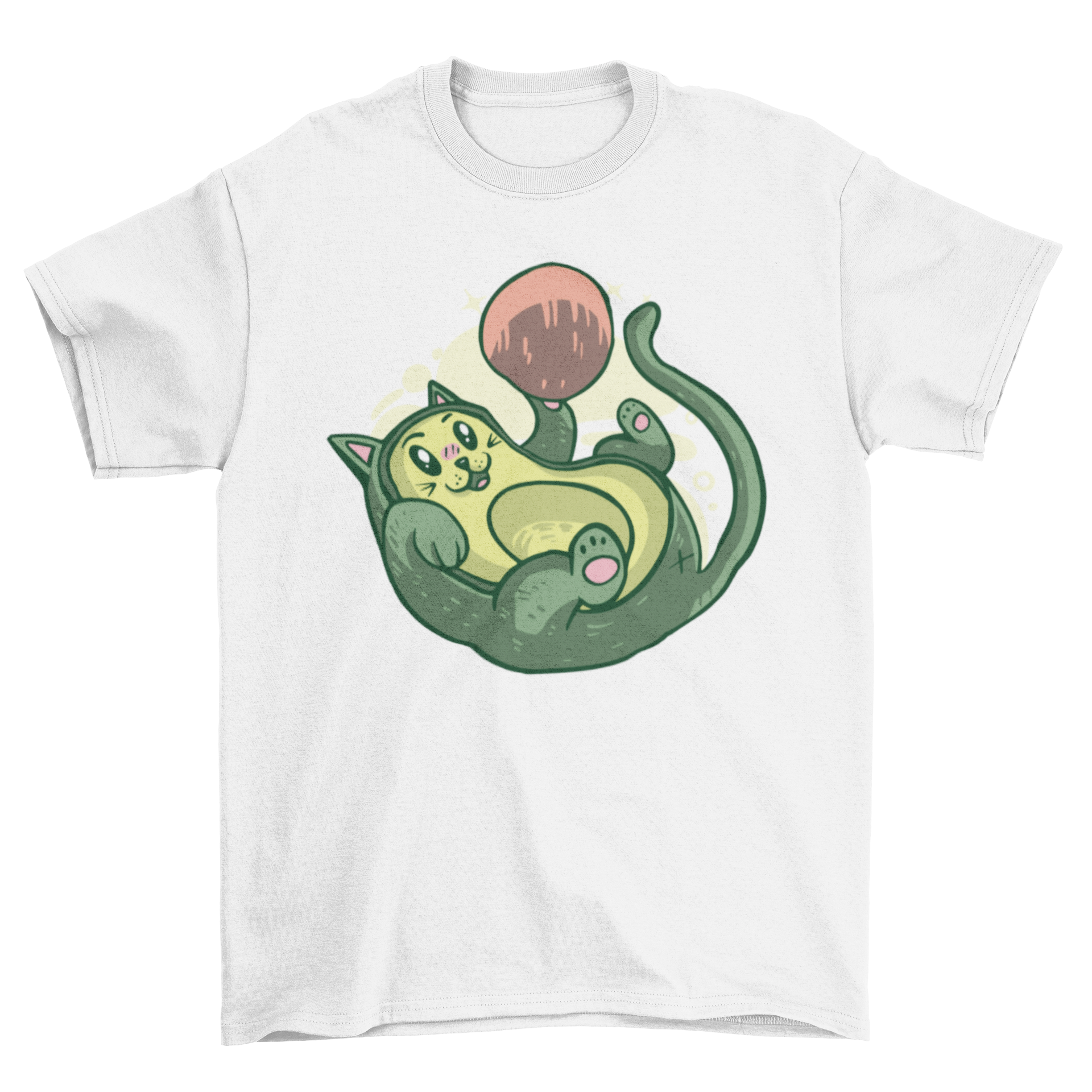 A playful t-shirt featuring a cat designed like an avocado, engaging with its seed.