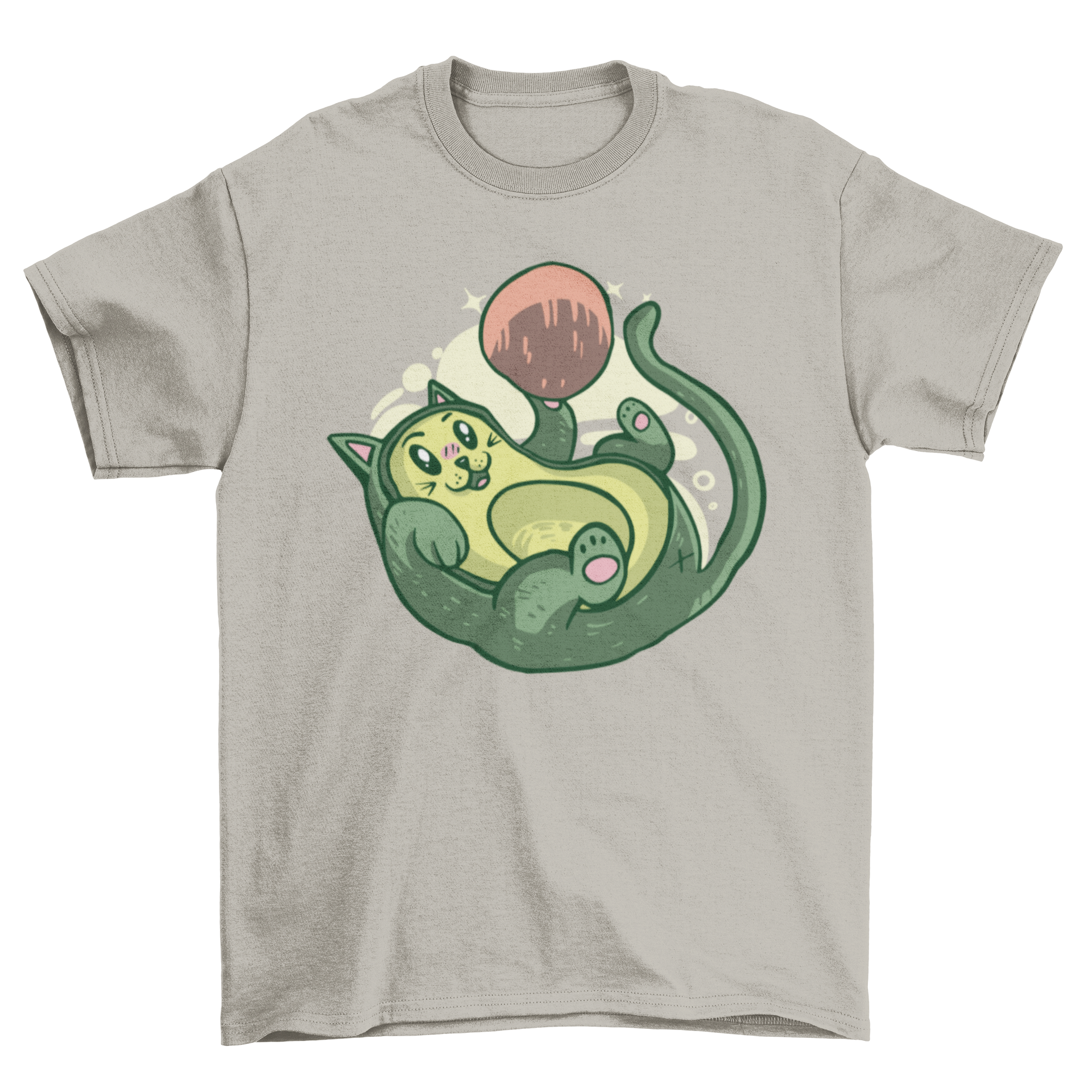 A playful t-shirt featuring a cat designed like an avocado, engaging with its seed.