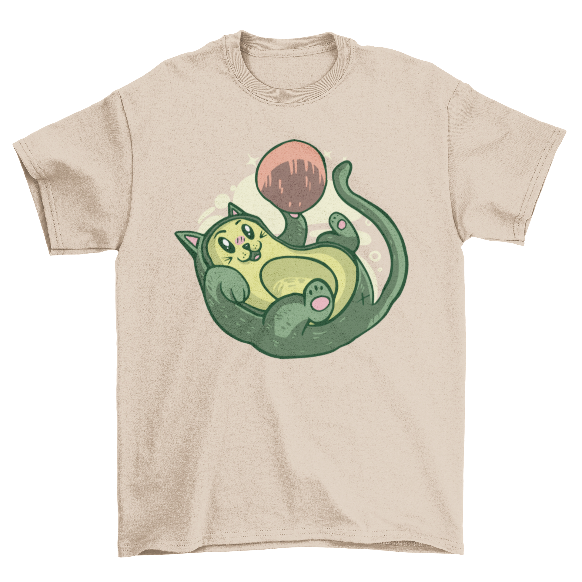 A playful t-shirt featuring a cat designed like an avocado, engaging with its seed.