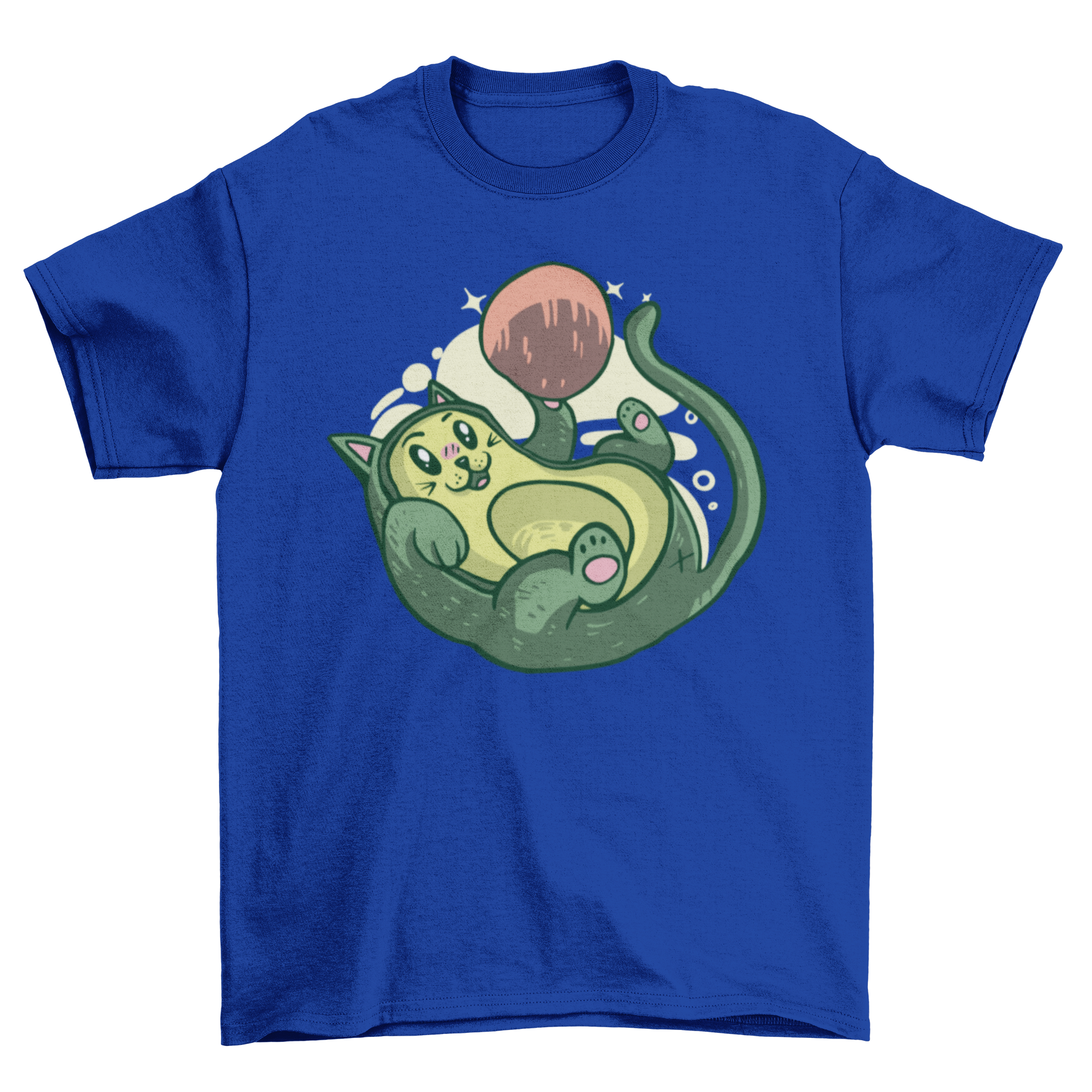 A playful t-shirt featuring a cat designed like an avocado, engaging with its seed.