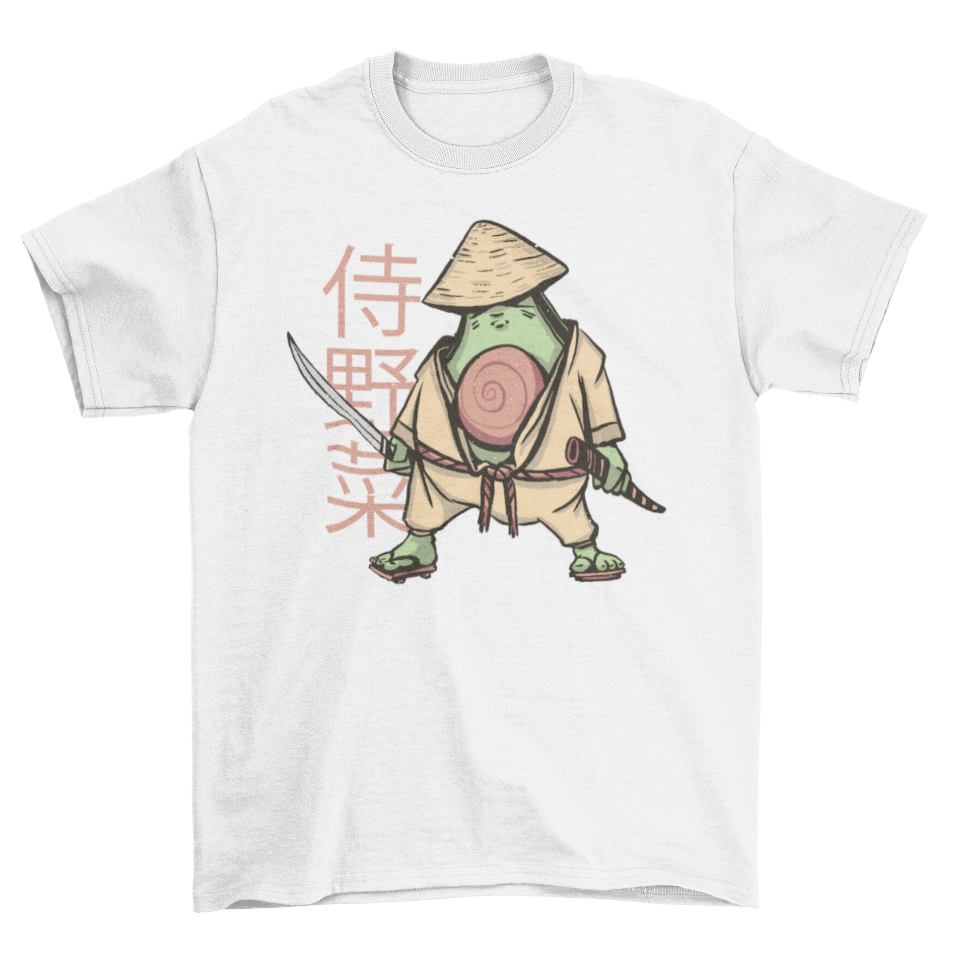 Avocado Samurai T-Shirt featuring a cartoon avocado dressed as a samurai with a sword.