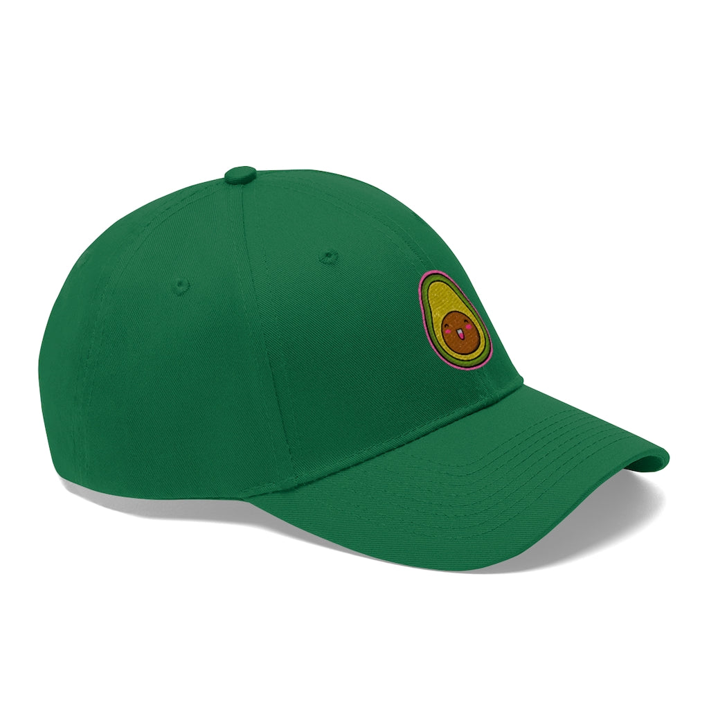 Avocado Unisex Twill Hat featuring a classic 6-panel design and adjustable Velcro closure, made from 100% cotton twill.